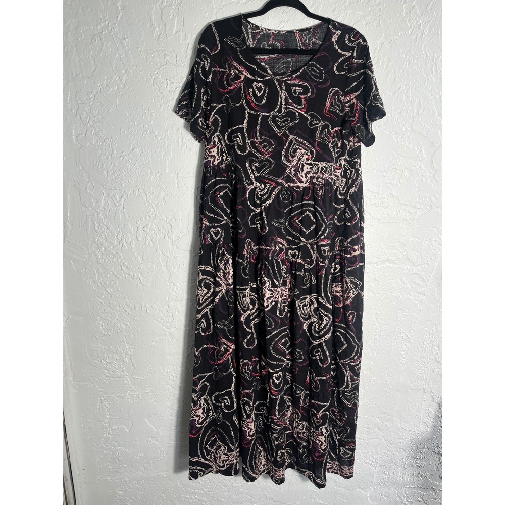 YESNO Boho Maxi Dress L Black Abstract Print Tiered Cotton Artsy